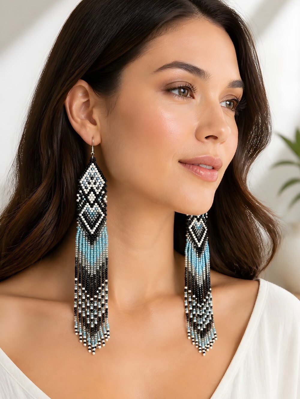 Handmade Ice Ombre Southwestern Boho Fringe Beaded Earrings - Blue Black